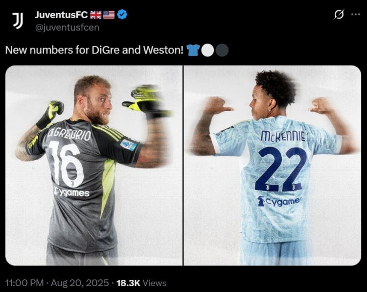 九游平台-尤文图斯官方宣布迪格雷戈里奥新赛季身披16号 麦肯尼改穿22号战袍